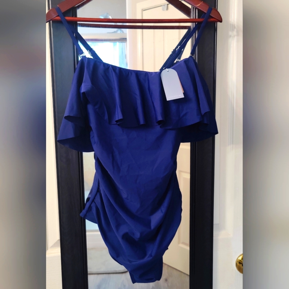 NWT Elegant Navy Blue Ruffle One-Piece Swimsuit